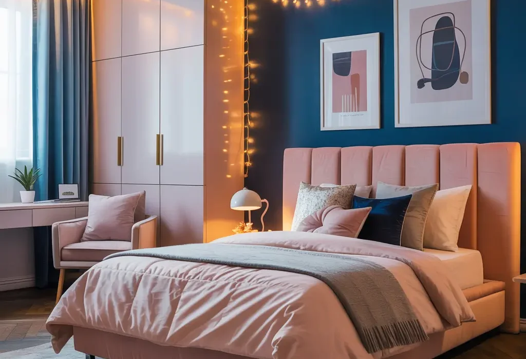 navy blue and pink bedroom