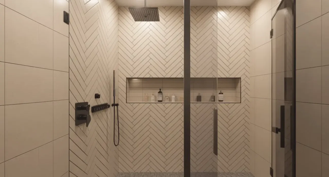 herringbone tile bathroom